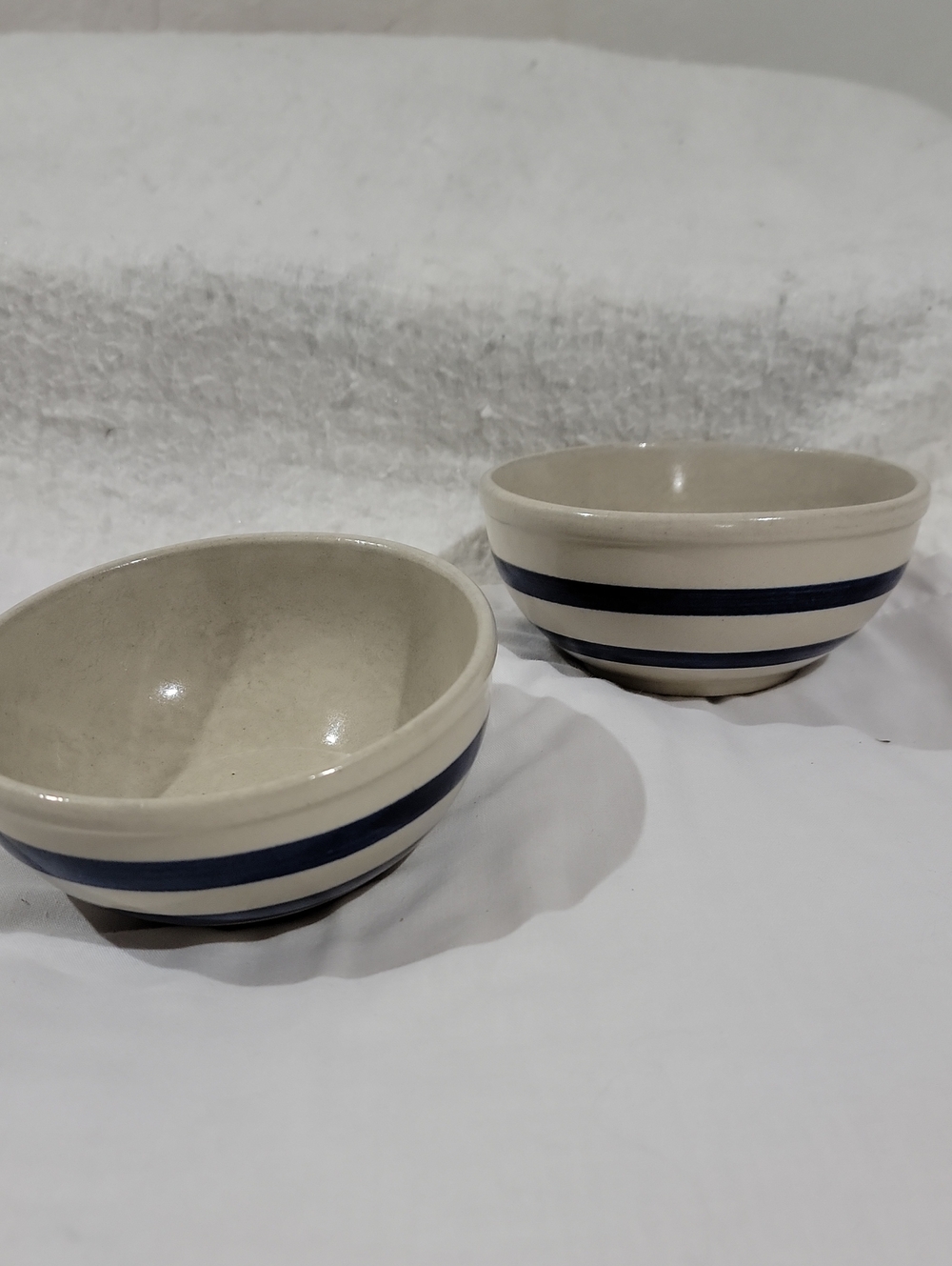 Vintage Robinson-Ransbottom Cream and Navy Blue Striped Ceramic Serving Bowls